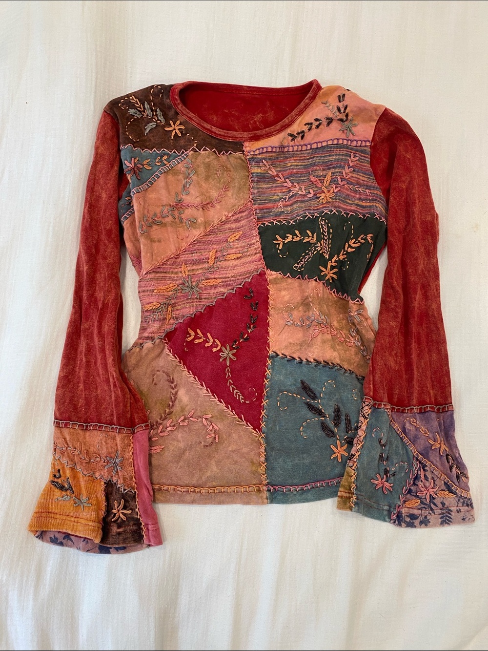 Whimsical Patchwork Embroidered Long-Sleeve Top